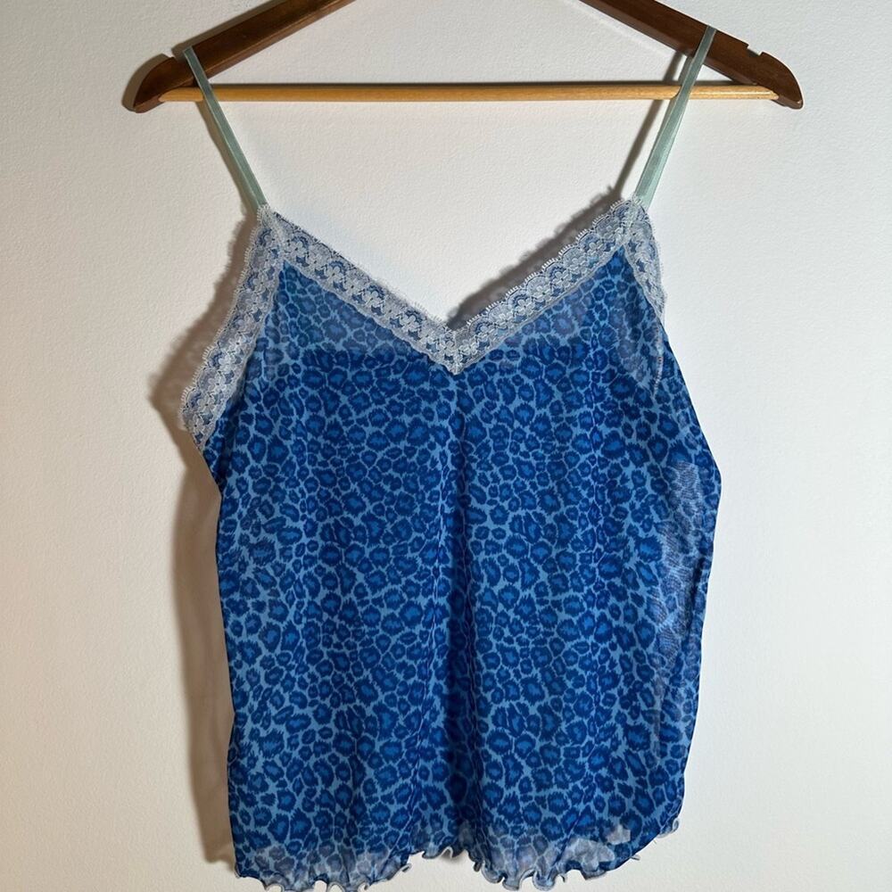 Blue Leopard Print Lace Trim Cami Top